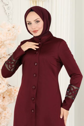 moda selvim Yakma Desenli Tesettür Takım ASM2371 Bordo - Thumbnail