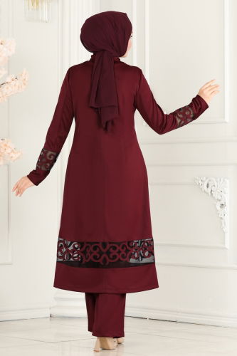 moda selvim Yakma Desenli Tesettür Takım ASM2371 Bordo - Thumbnail