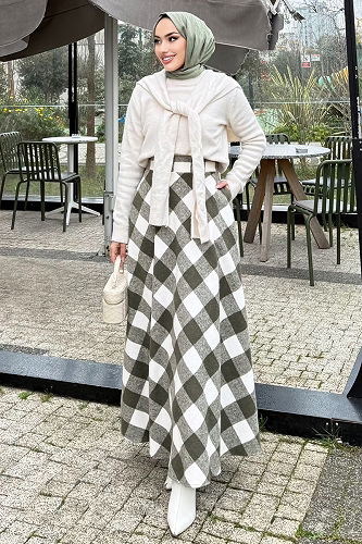 moda selvim Yan Cepli Ekose Etek 4700ALGK1170 Desen 1 Haki - Thumbnail