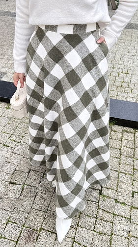 moda selvim Yan Cepli Ekose Etek 4700ALGK1170 Desen 1 Haki - Thumbnail