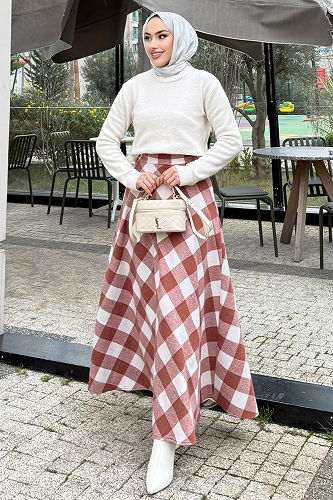 moda selvim Yan Cepli Ekose Etek 4700ALGK1170 Desen 1 Somon - Thumbnail