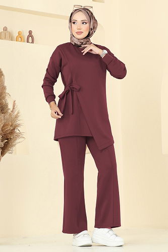 moda selvim Yandan Bağcık Detaylı Scuba Takım 2728SL432 Açık Bordo - Thumbnail