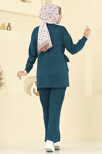 moda selvim Yandan Bağcık Detaylı Scuba Takım 2728SL432 Petrol - Thumbnail