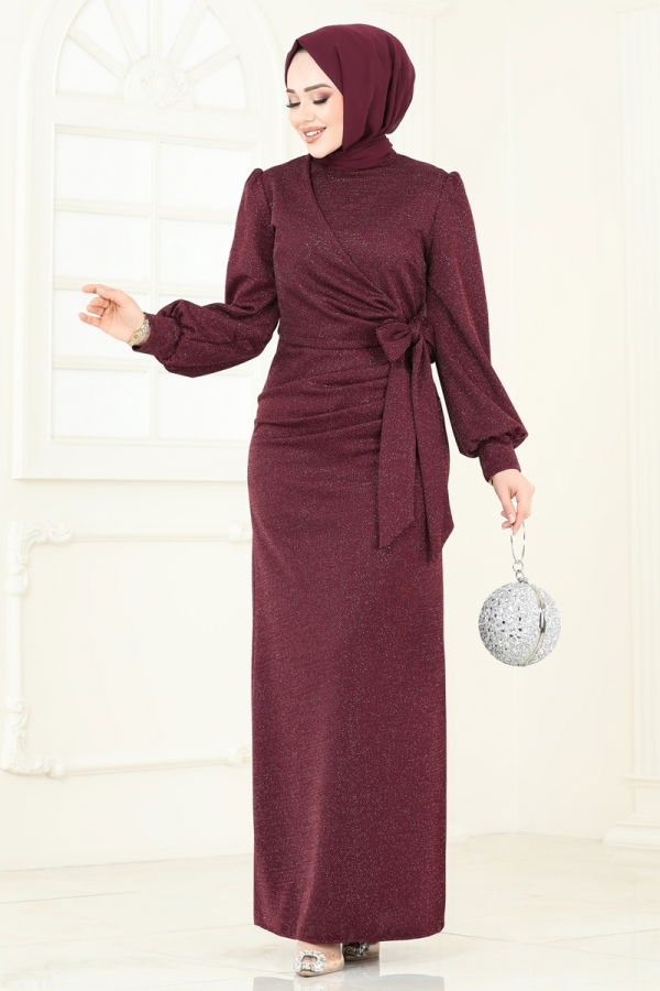 Modaselvim KURBAN BAYRAMI İNDİRİMİ Yandan Bağcıklı Abiye Elbise 2801ASMK1074 Bordo