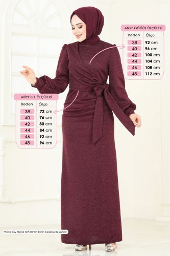 moda selvim Yandan Bağcıklı Abiye Elbise 2801ASMK1074 Bordo - Thumbnail