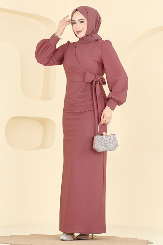 moda selvim Yandan Bağcıklı Abiye Elbise 2801ASMK1074 Gül Kurusu - Thumbnail