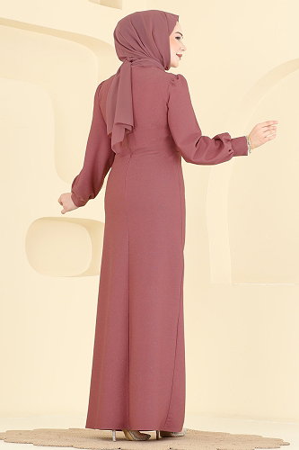 moda selvim Yandan Bağcıklı Abiye Elbise 2801ASMK1074 Gül Kurusu - Thumbnail