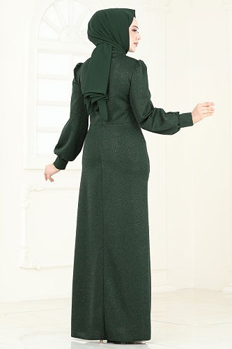 moda selvim Yandan Bağcıklı Abiye Elbise 2801ASMK1074 Haki - Thumbnail