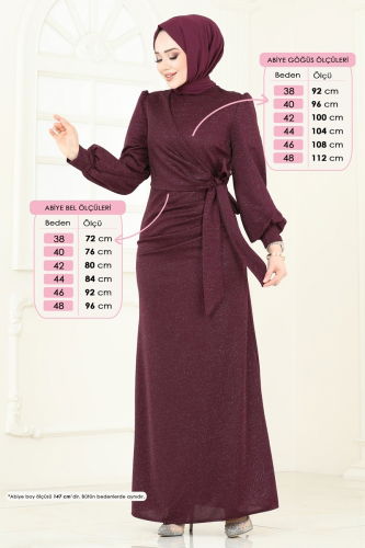 moda selvim Yandan Bağcıklı Abiye Elbise 2801ASMK1074 Mürdüm - Thumbnail