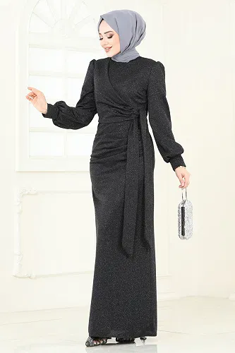 moda selvim Yandan Bağcıklı Abiye Elbise 2801ASMK1074 Siyah - Thumbnail