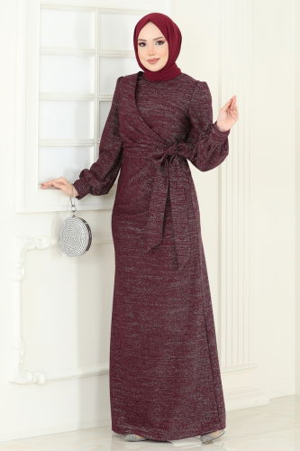 moda selvim Yandan Bağcıklı Abiye Elbise 2807ASMK1074 Bordo - Thumbnail