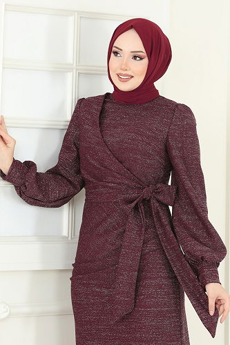 moda selvim Yandan Bağcıklı Abiye Elbise 2807ASMK1074 Bordo - Thumbnail