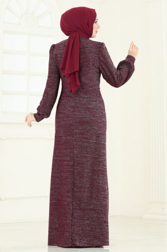 moda selvim Yandan Bağcıklı Abiye Elbise 2807ASMK1074 Bordo - Thumbnail