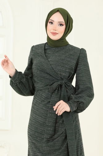 moda selvim Yandan Bağcıklı Abiye Elbise 2807ASMK1074 Haki - Thumbnail