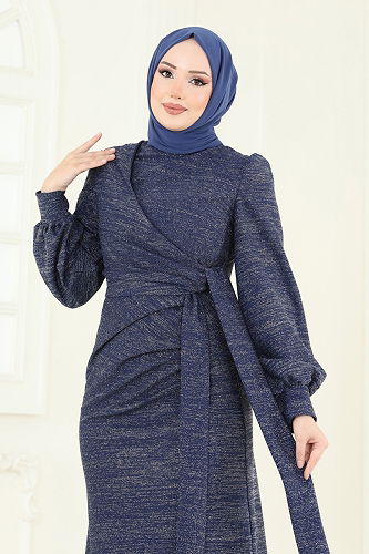 moda selvim Yandan Bağcıklı Abiye Elbise 2807ASMK1074 İndigo - Thumbnail