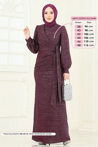 moda selvim Yandan Bağcıklı Abiye Elbise 2807ASMK1074 Mürdüm - Thumbnail