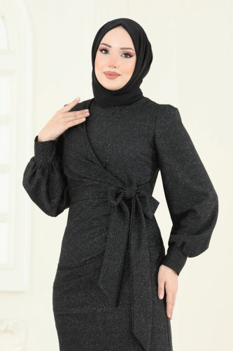 moda selvim Yandan Bağcıklı Abiye Elbise 2807ASMK1074 Siyah - Thumbnail