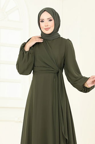 moda selvim Yandan Bağcıklı Abiye Elbise 6226BSK463 Haki - Thumbnail