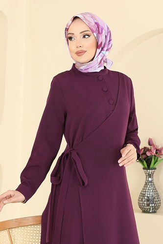 moda selvim Yandan Bağcıklı Dabıl Elbise PL9190 Mürdüm - Thumbnail