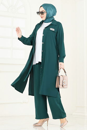 moda selvim Yandan Bağcıklı Dubai İpeği Takım 3115BLU797 Petrol - Thumbnail