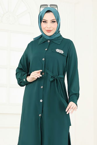 moda selvim Yandan Bağcıklı Dubai İpeği Takım 3115BLU797 Petrol - Thumbnail