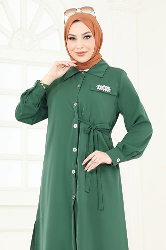 moda selvim Yandan Bağcıklı Dubai İpeği Takım 3115BLU797 Yeşil - Thumbnail