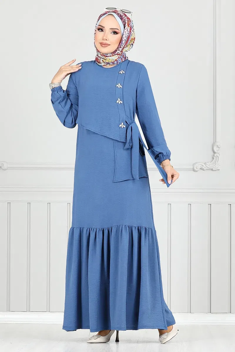 moda selvim Yandan Bağcıklı Elbise 2680SL890-M İndigo - Thumbnail