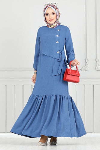 moda selvim Yandan Bağcıklı Elbise 2680SL890-M İndigo - Thumbnail