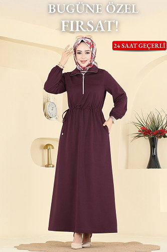 moda selvim Yandan Bağcıklı İki İplik Elbise 2029FON792 Mürdüm - Thumbnail