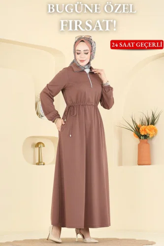 F.O.N. - Yandan Bağcıklı İki İplik Elbise 2029FON792 Pudra Vizyon