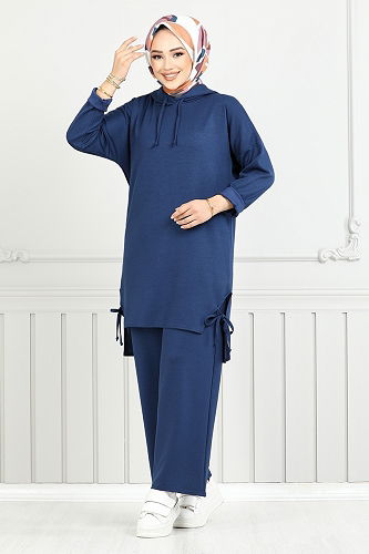 moda selvim Yandan Bağcıklı Oyso Kumaş Takım 5687ZNK903-M İndigo - Thumbnail