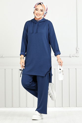 moda selvim Yandan Bağcıklı Oyso Kumaş Takım 5687ZNK903-M İndigo - Thumbnail