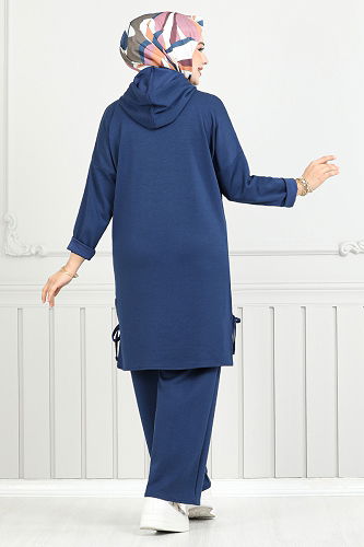 moda selvim Yandan Bağcıklı Oyso Kumaş Takım 5687ZNK903-M İndigo - Thumbnail