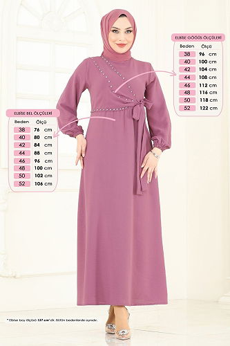 moda selvim Yandan Bağcıklı Taşlı Elbise 310HBS856 Gül Kurusu - Thumbnail