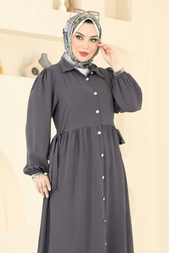 moda selvim Yandan Bağcıklı Tesettür Elbise 315HBS856 Antrasit - Thumbnail