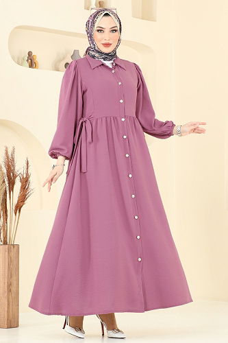 moda selvim Yandan Bağcıklı Tesettür Elbise 315HBS856 Gül Kurusu - Thumbnail