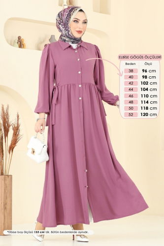 moda selvim Yandan Bağcıklı Tesettür Elbise 315HBS856 Gül Kurusu - Thumbnail