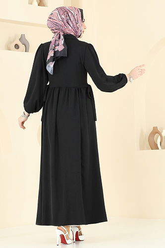 moda selvim Yandan Bağcıklı Tesettür Elbise 315HBS856 Siyah - Thumbnail