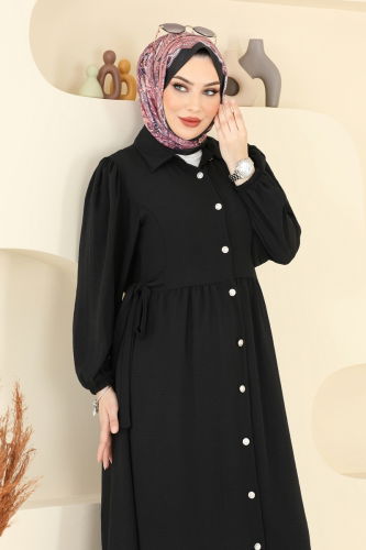 moda selvim Yandan Bağcıklı Tesettür Elbise 315HBS856 Siyah - Thumbnail