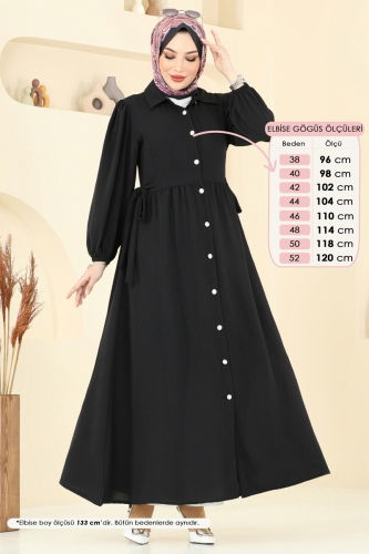 moda selvim Yandan Bağcıklı Tesettür Elbise 315HBS856 Siyah - Thumbnail