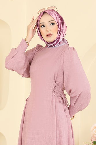 moda selvim Yandan Bağcıklı Tesettür Elbise 5962BSK463 Gül Kurusu - Thumbnail