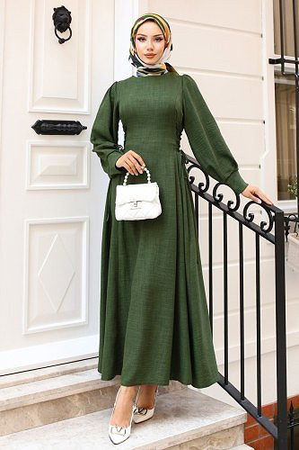 moda selvim Yandan Bağcıklı Tesettür Elbise 5962BSK463 Haki - Thumbnail