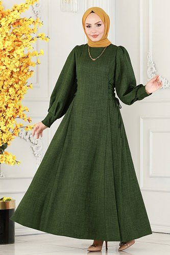 moda selvim Yandan Bağcıklı Tesettür Elbise 5962BSK463 Haki - Thumbnail