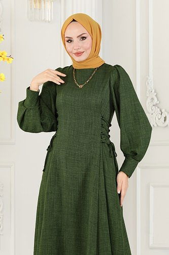 moda selvim Yandan Bağcıklı Tesettür Elbise 5962BSK463 Haki - Thumbnail