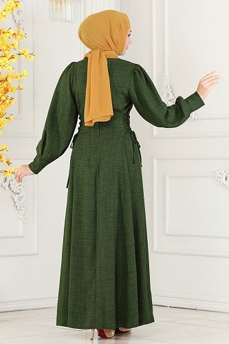 moda selvim Yandan Bağcıklı Tesettür Elbise 5962BSK463 Haki - Thumbnail