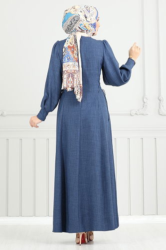 moda selvim Yandan Bağcıklı Tesettür Elbise 5962BSK463 İndigo - Thumbnail