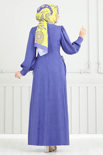 moda selvim Yandan Bağcıklı Tesettür Elbise 5962BSK463 Koyu İndigo - Thumbnail