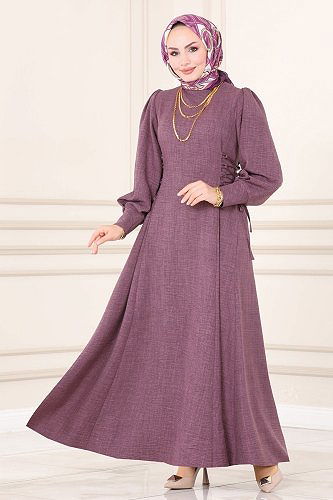 moda selvim Yandan Bağcıklı Tesettür Elbise 5962BSK463 Koyu Lila - Thumbnail