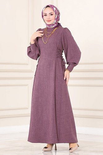 moda selvim Yandan Bağcıklı Tesettür Elbise 5962BSK463 Koyu Lila - Thumbnail