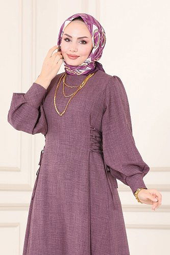 moda selvim Yandan Bağcıklı Tesettür Elbise 5962BSK463 Koyu Lila - Thumbnail